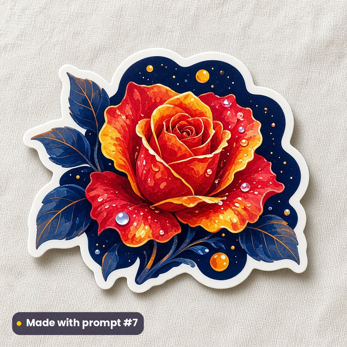 International Kissing Day artwork printed on a die-cut vinyl sticker: red rose with dew drops, fantasy luminous style, made with prompt #7 from this pack
