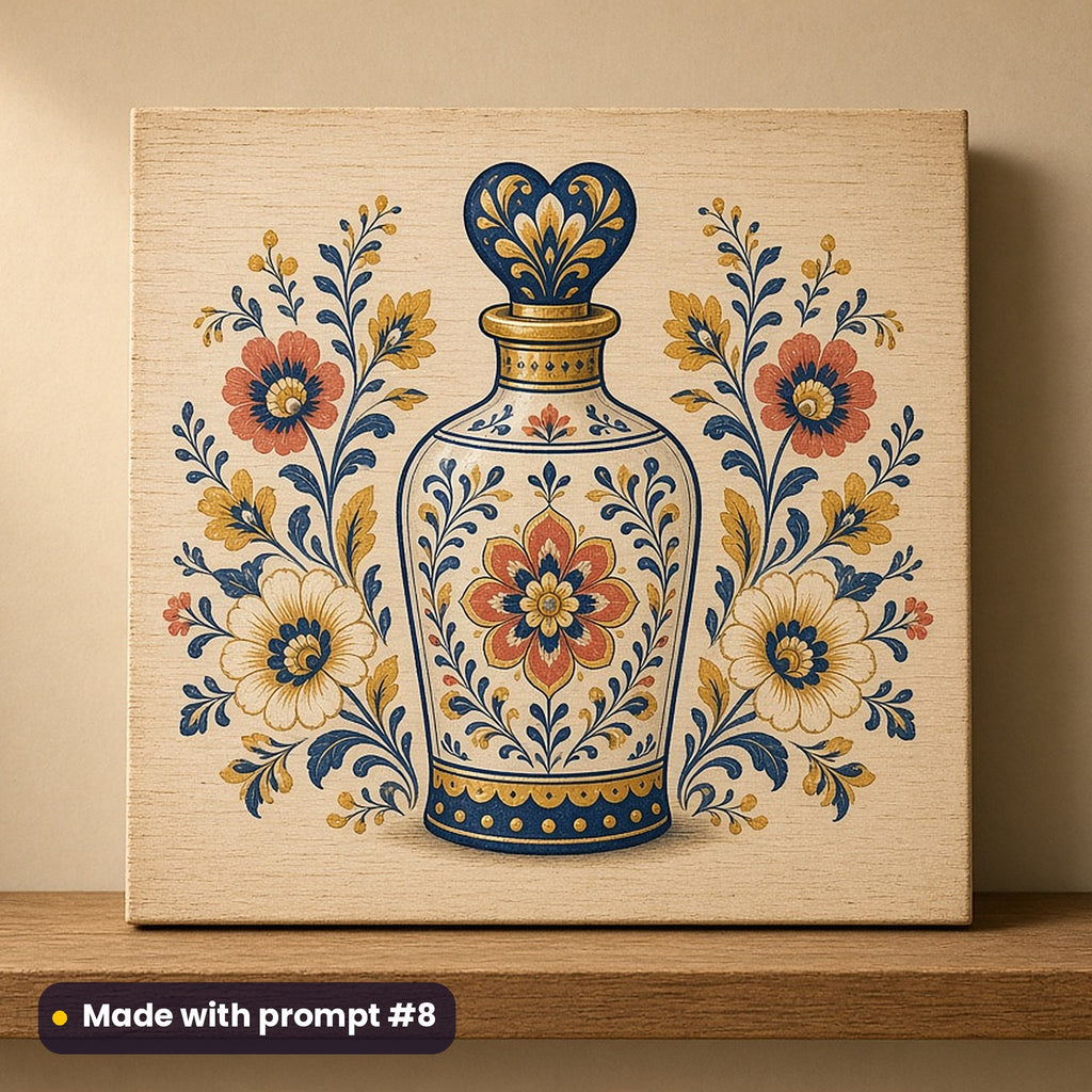 International Kissing Day artwork printed on a UV-printed wooden plaque: vintage perfume bottle with a heart stopper, folk art style, made with prompt #8 from this pack