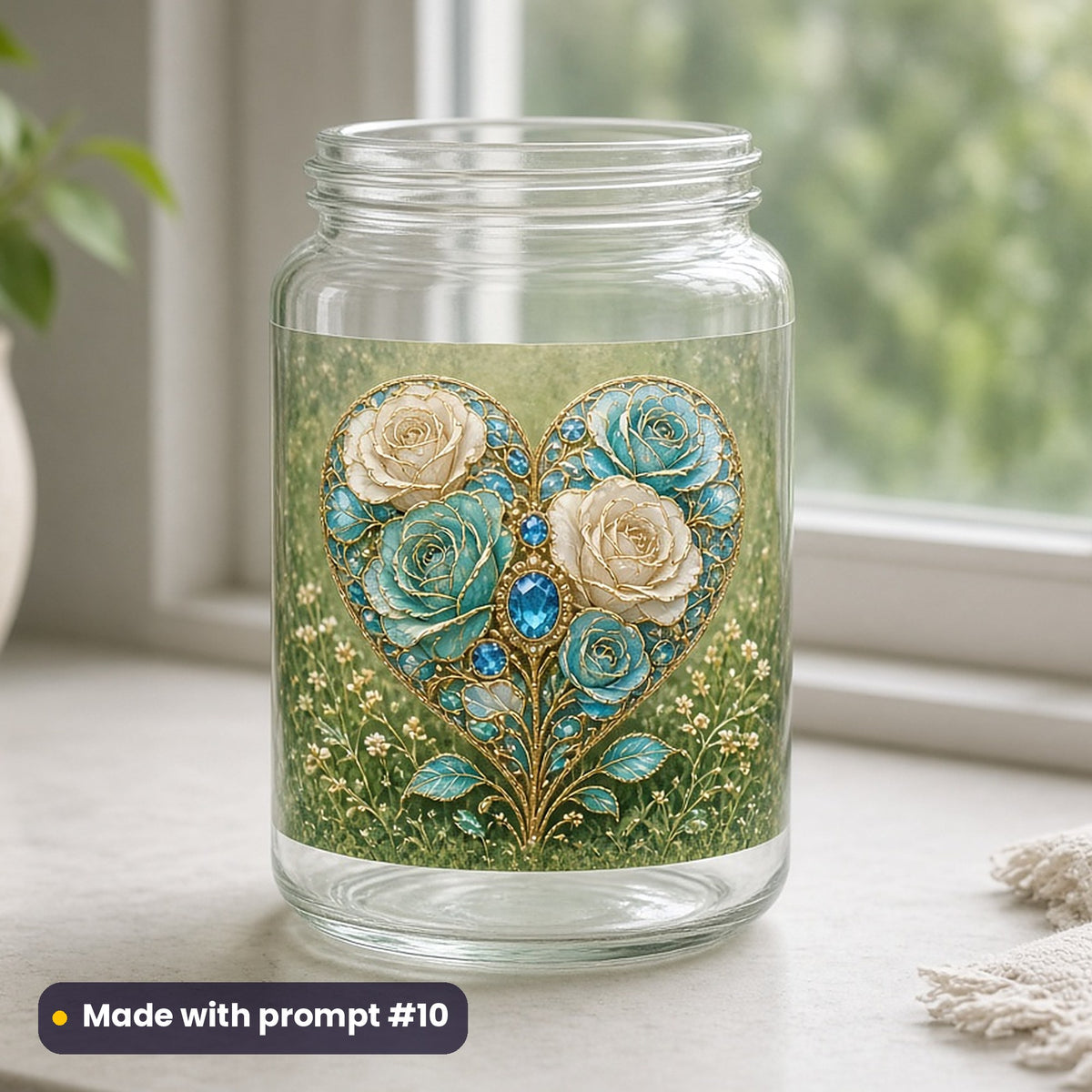 International Kissing Day artwork printed on a UV DTF decal on glass: heart of rose petals on the grass, luxury enamel & gemstone style, made with prompt #10 from this pack
