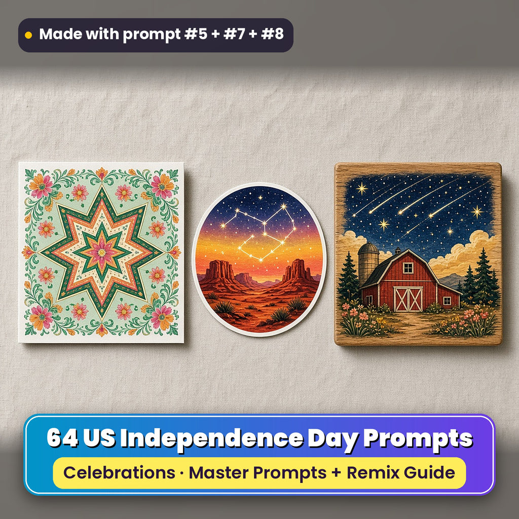 US Independence Day prompt pack: 64 master prompts + Remix Guide, with a UV-printed greeting card, acrylic ornament and mug set made with prompts #5, #7 and #8