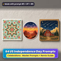 US Independence Day prompt pack: 64 master prompts + Remix Guide, with a UV-printed greeting card, acrylic ornament and mug set made with prompts #5, #7 and #8
