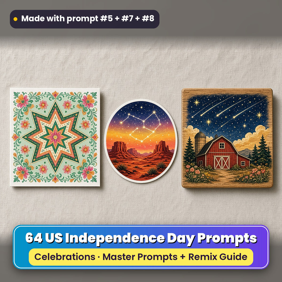 US Independence Day prompt pack: 64 master prompts + Remix Guide, with a UV-printed greeting card, acrylic ornament and mug set made with prompts #5, #7 and #8