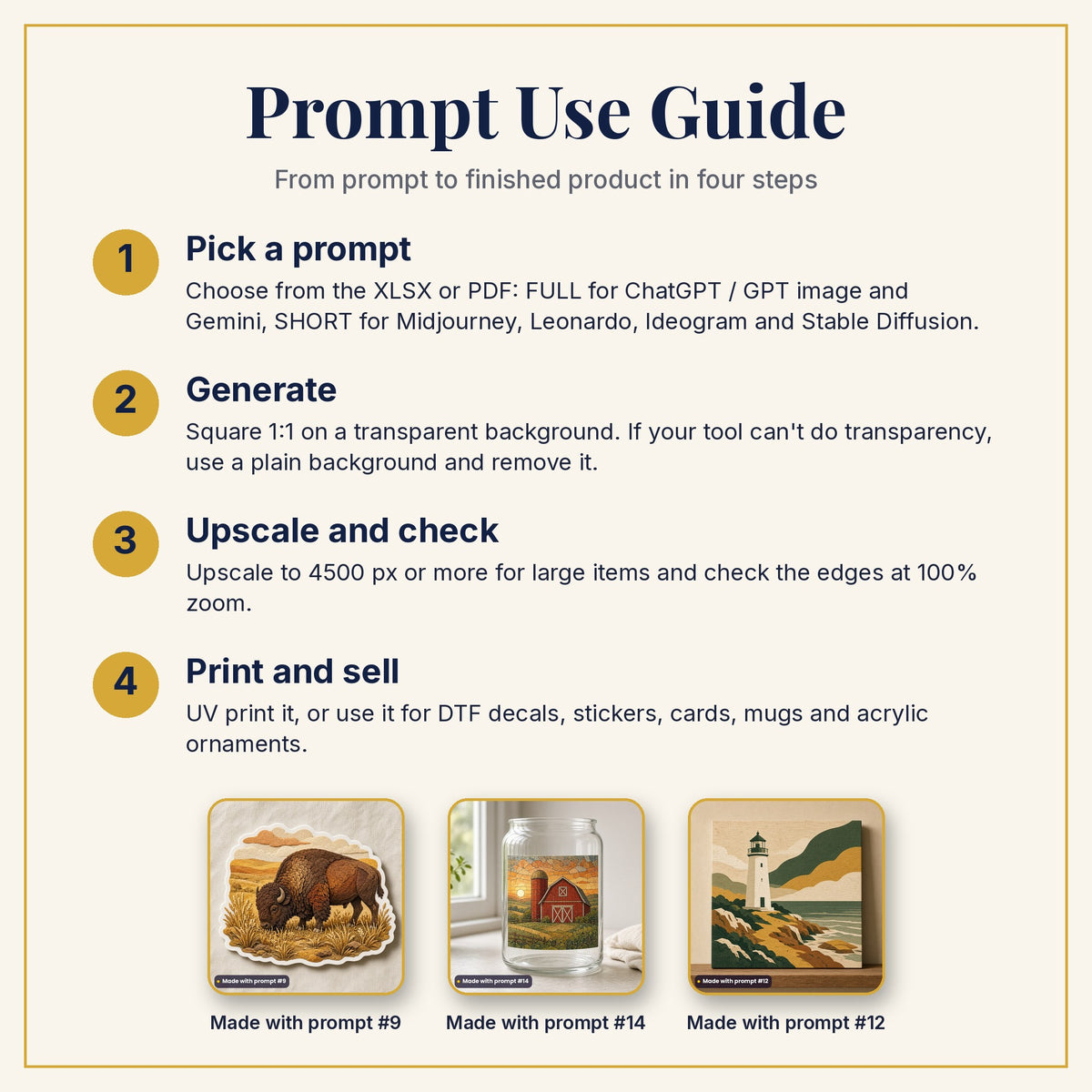 Prompt Use Guide: pick a prompt, generate, upscale and check, then print and sell, with example products made with prompts #9, #14 and #12