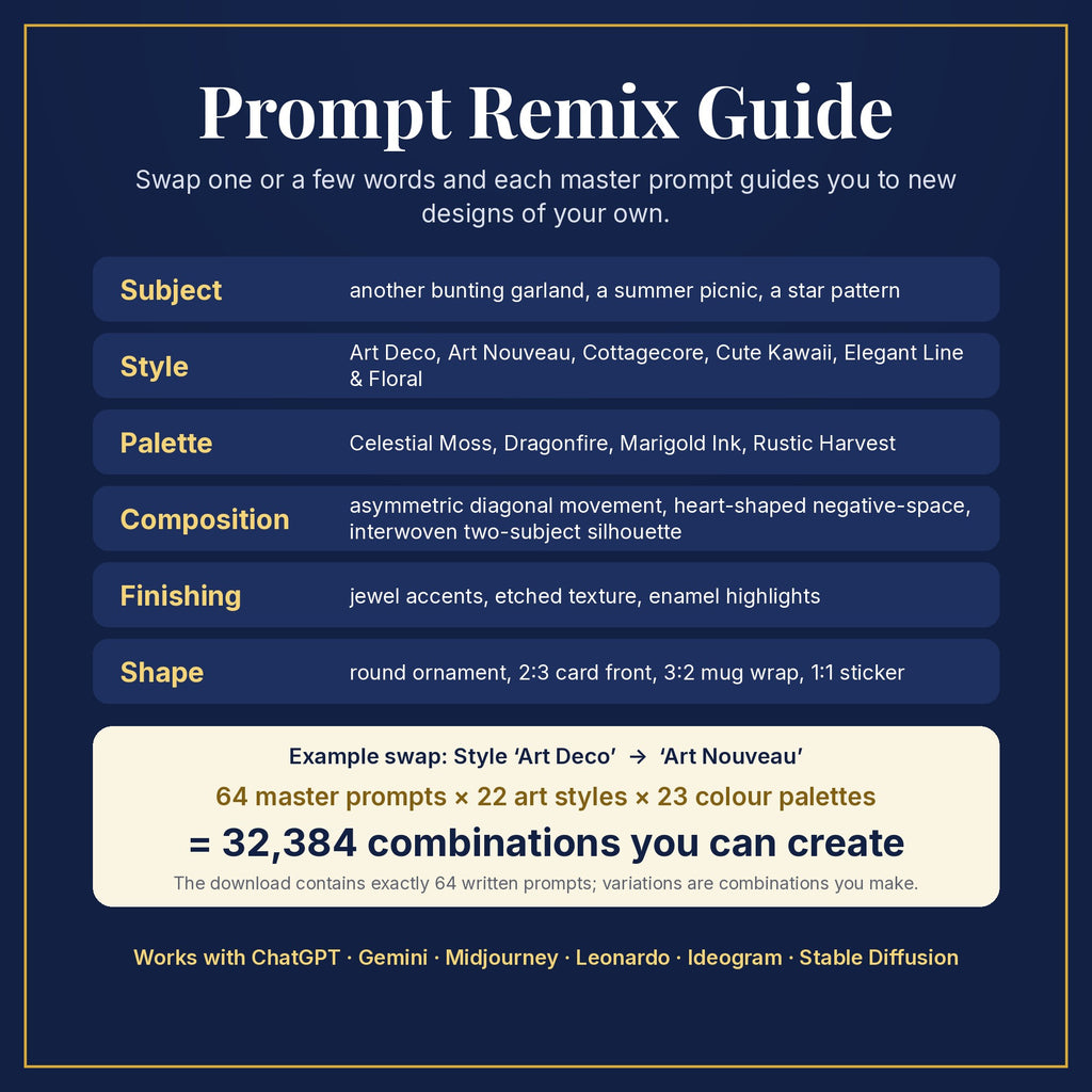 Prompt Remix Guide: swap subject, style, palette, composition, finishing and shape; 64 master prompts × 22 styles × 23 palettes = 32,384 combinations you can create