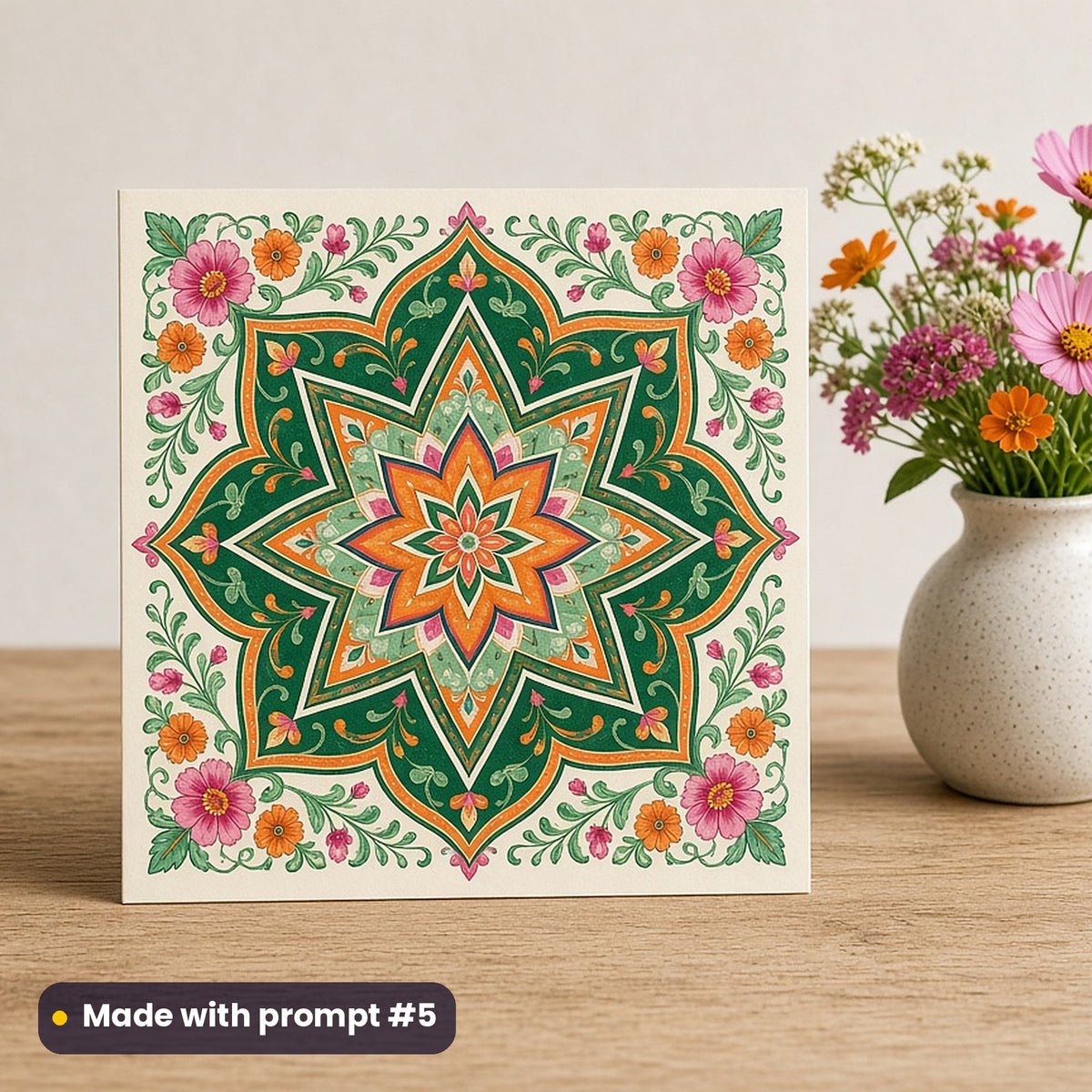US Independence Day artwork printed on a flat-printed greeting card: Americana folk star tile, elegant line & floral style, made with prompt #5 from this pack