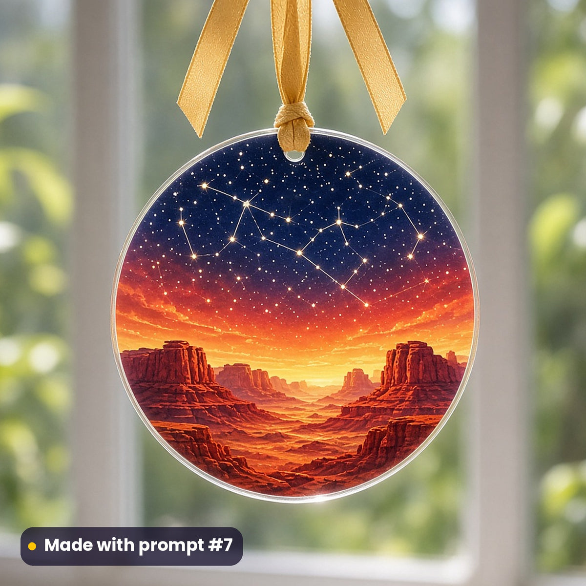 US Independence Day artwork printed on a UV-printed clear acrylic ornament: constellation stars above desert mesas, fantasy luminous style, made with prompt #7 from this pack