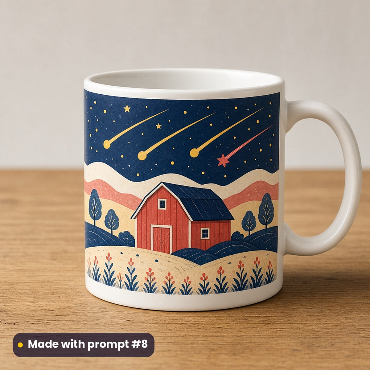 US Independence Day artwork printed on a UV-printed ceramic mug: shooting stars over a summer barn, folk art style, made with prompt #8 from this pack