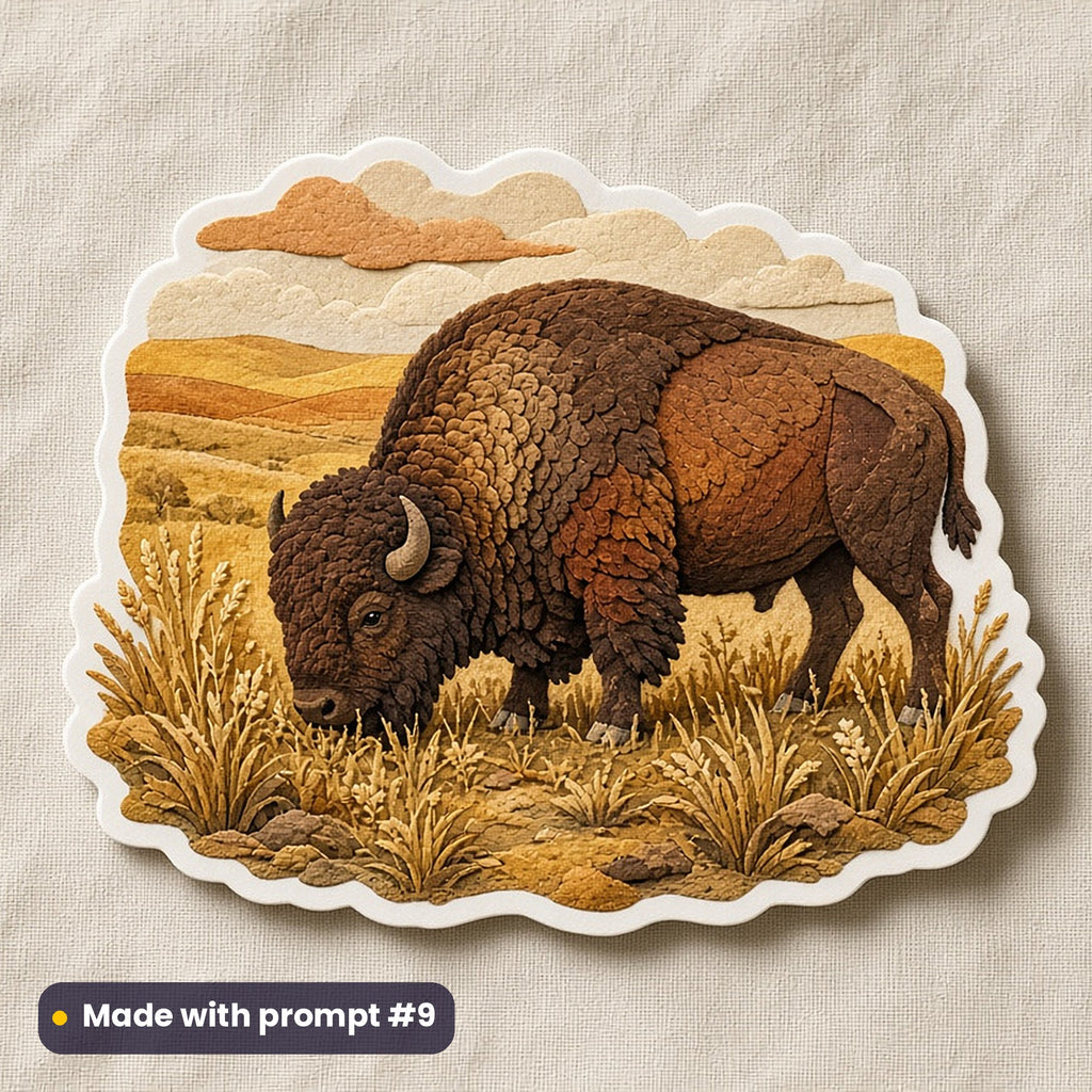 US Independence Day artwork printed on a die-cut vinyl sticker: bison grazing on golden prairie, handcrafted clay illusion style, made with prompt #9 from this pack