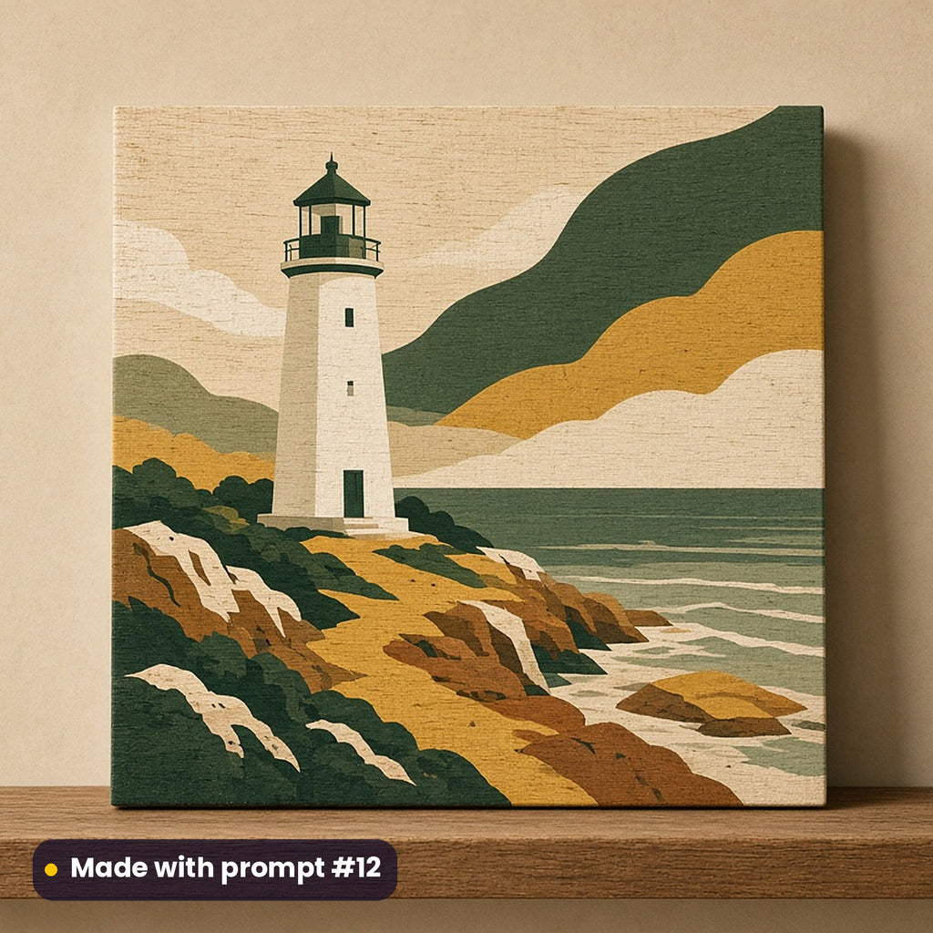 US Independence Day artwork printed on a UV-printed wooden plaque: lighthouse on a rocky New England coast, minimal bold graphic style, made with prompt #12 from this pack