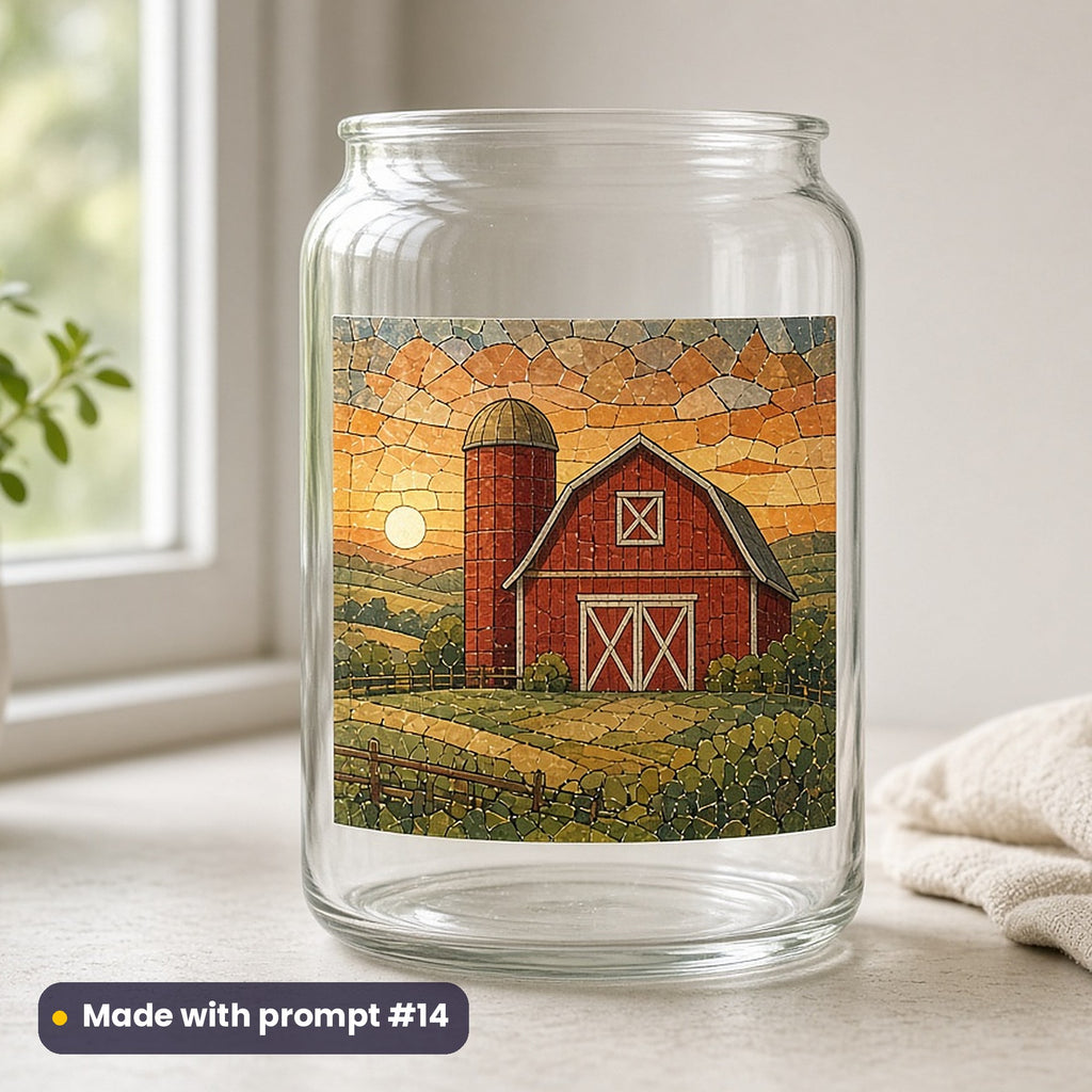US Independence Day artwork printed on a UV DTF decal on glass: red barn and silo at sunset, mosaic jewel style, made with prompt #14 from this pack