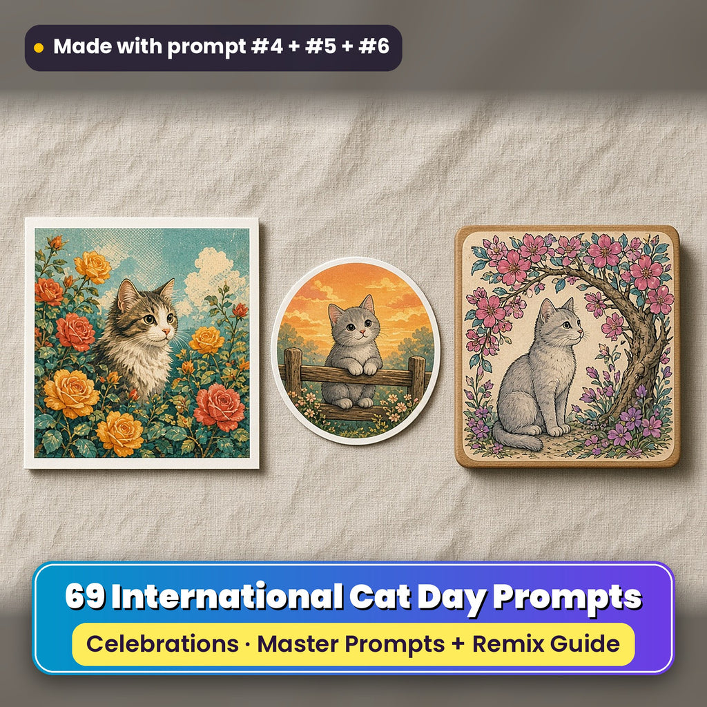 International Cat Day prompt pack: 69 master prompts + Remix Guide, with a UV-printed greeting card, acrylic ornament and mug set made with prompts #4, #5 and #6