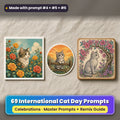 International Cat Day prompt pack: 69 master prompts + Remix Guide, with a UV-printed greeting card, acrylic ornament and mug set made with prompts #4, #5 and #6