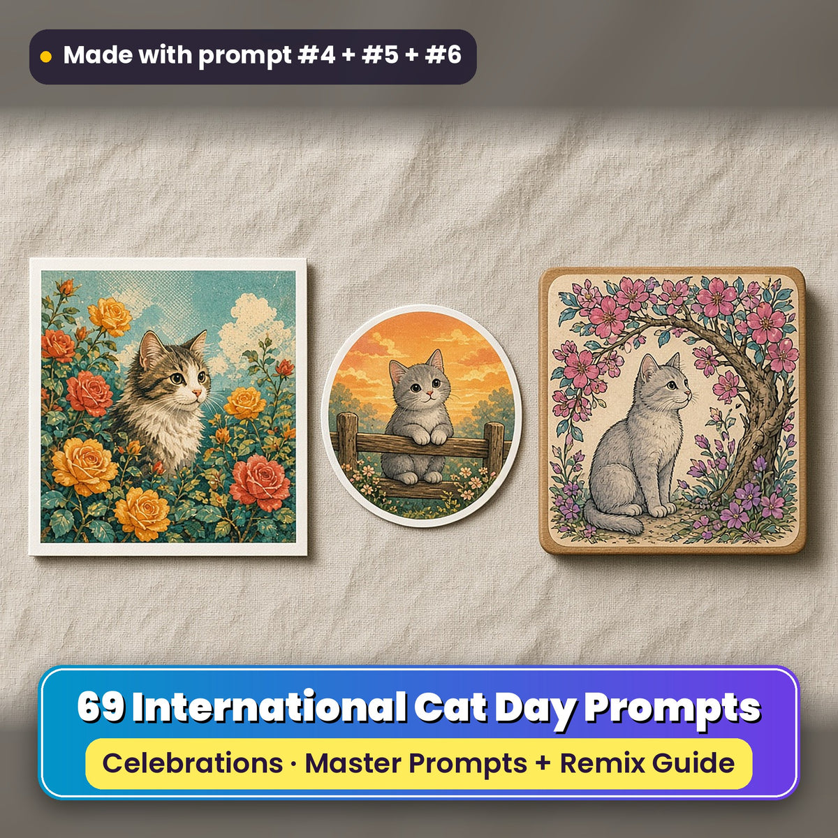 International Cat Day prompt pack: 69 master prompts + Remix Guide, with a UV-printed greeting card, acrylic ornament and mug set made with prompts #4, #5 and #6