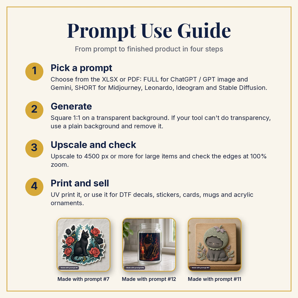 Prompt Use Guide: pick a prompt, generate, upscale and check, then print and sell, with example products made with prompts #7, #12 and #11