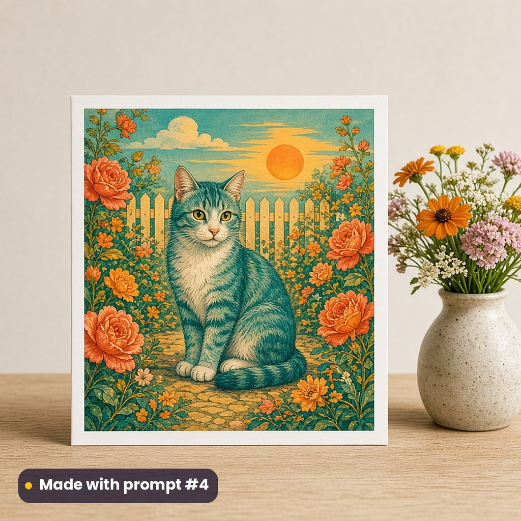 International Cat Day artwork printed on a flat-printed greeting card: vintage postcard-style cat in a rose garden, cottagecore style, made with prompt #4 from this pack