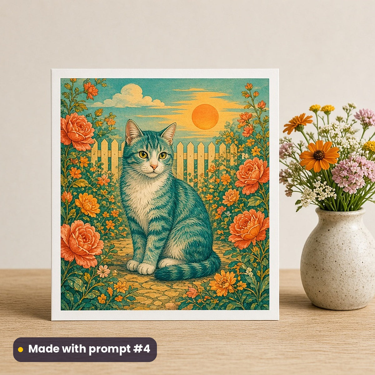 International Cat Day artwork printed on a flat-printed greeting card: vintage postcard-style cat in a rose garden, cottagecore style, made with prompt #4 from this pack