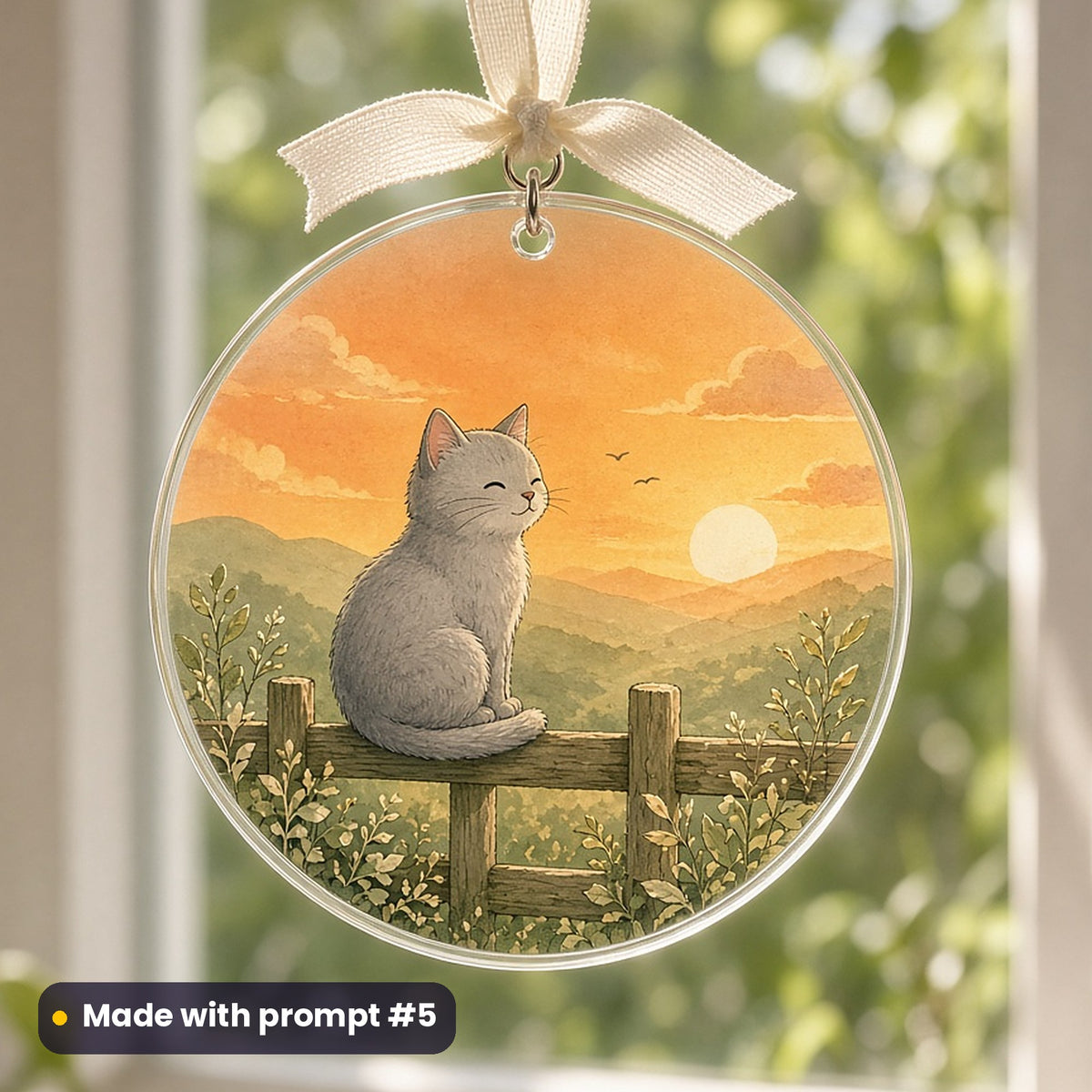 International Cat Day artwork printed on a UV-printed clear acrylic ornament: grey cat on a fence at sunset, cute kawaii style, made with prompt #5 from this pack