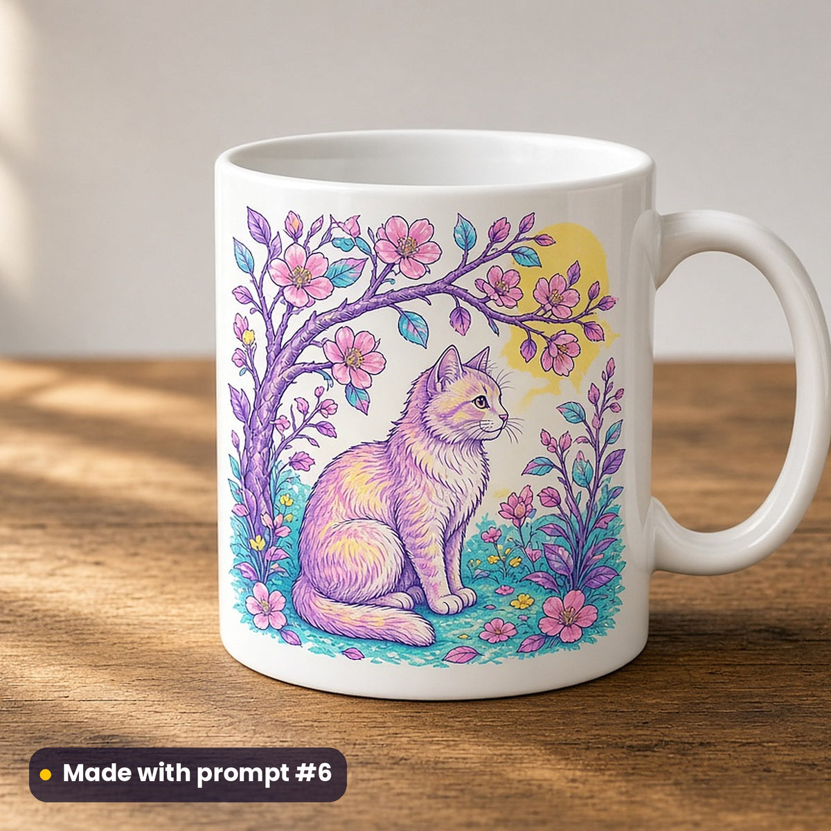 International Cat Day artwork printed on a UV-printed ceramic mug: cat under a blossoming apple tree, elegant line & floral style, made with prompt #6 from this pack