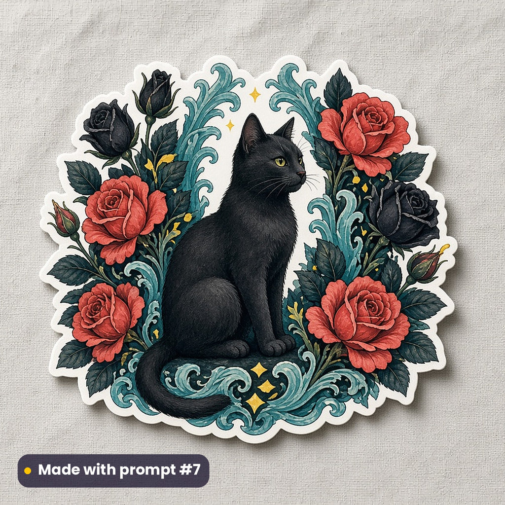 International Cat Day artwork printed on a die-cut vinyl sticker: black cat among dark roses, fantasy heraldic style, made with prompt #7 from this pack
