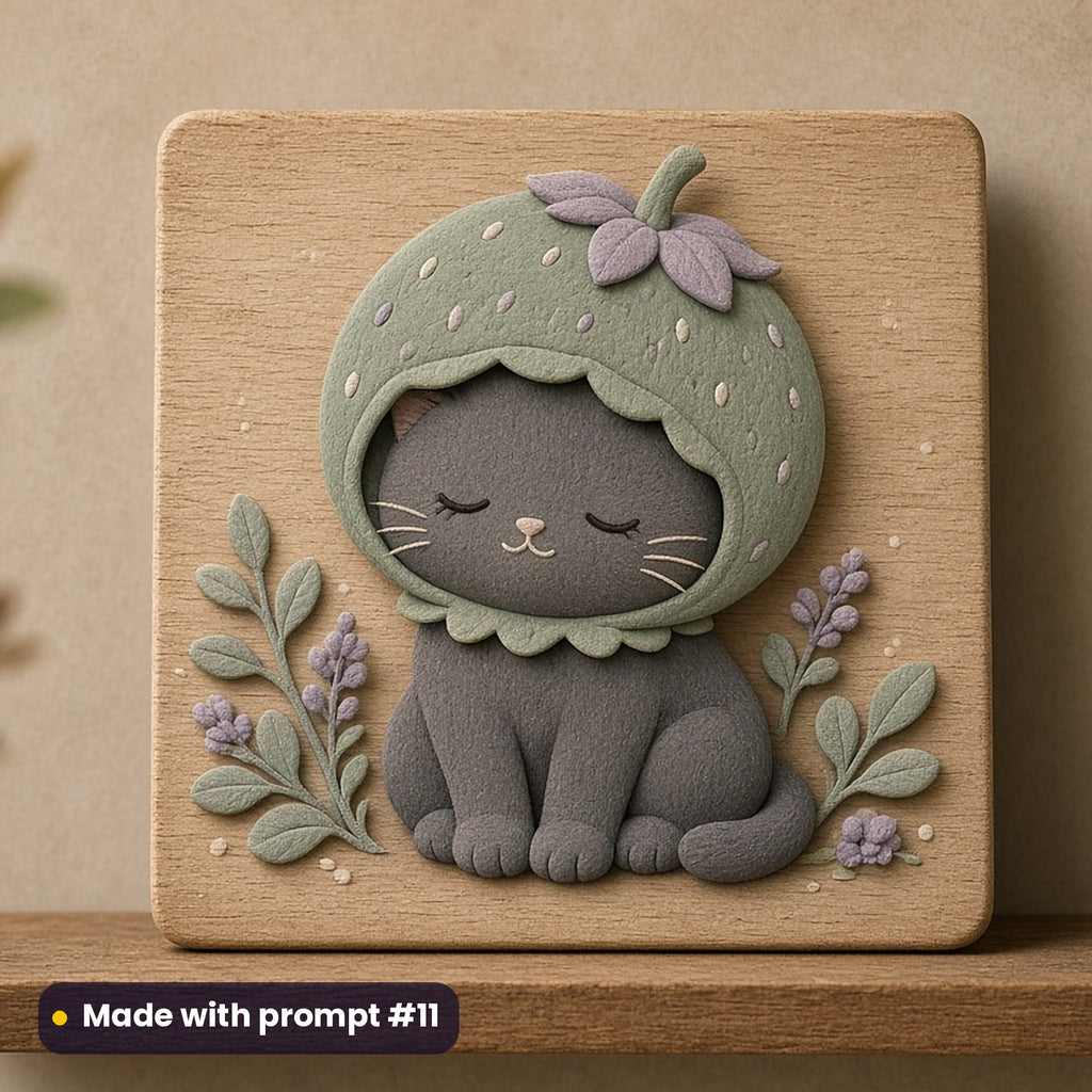 International Cat Day artwork printed on a UV-printed wooden plaque: kawaii cat in a strawberry hat, handcrafted clay illusion style, made with prompt #11 from this pack