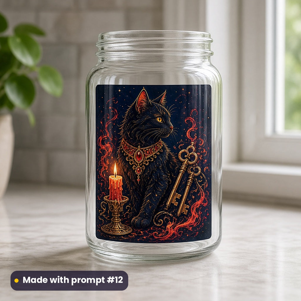 International Cat Day artwork printed on a UV DTF decal on glass: gothic cat with a candle and old keys, luxury enamel & gemstone style, made with prompt #12 from this pack