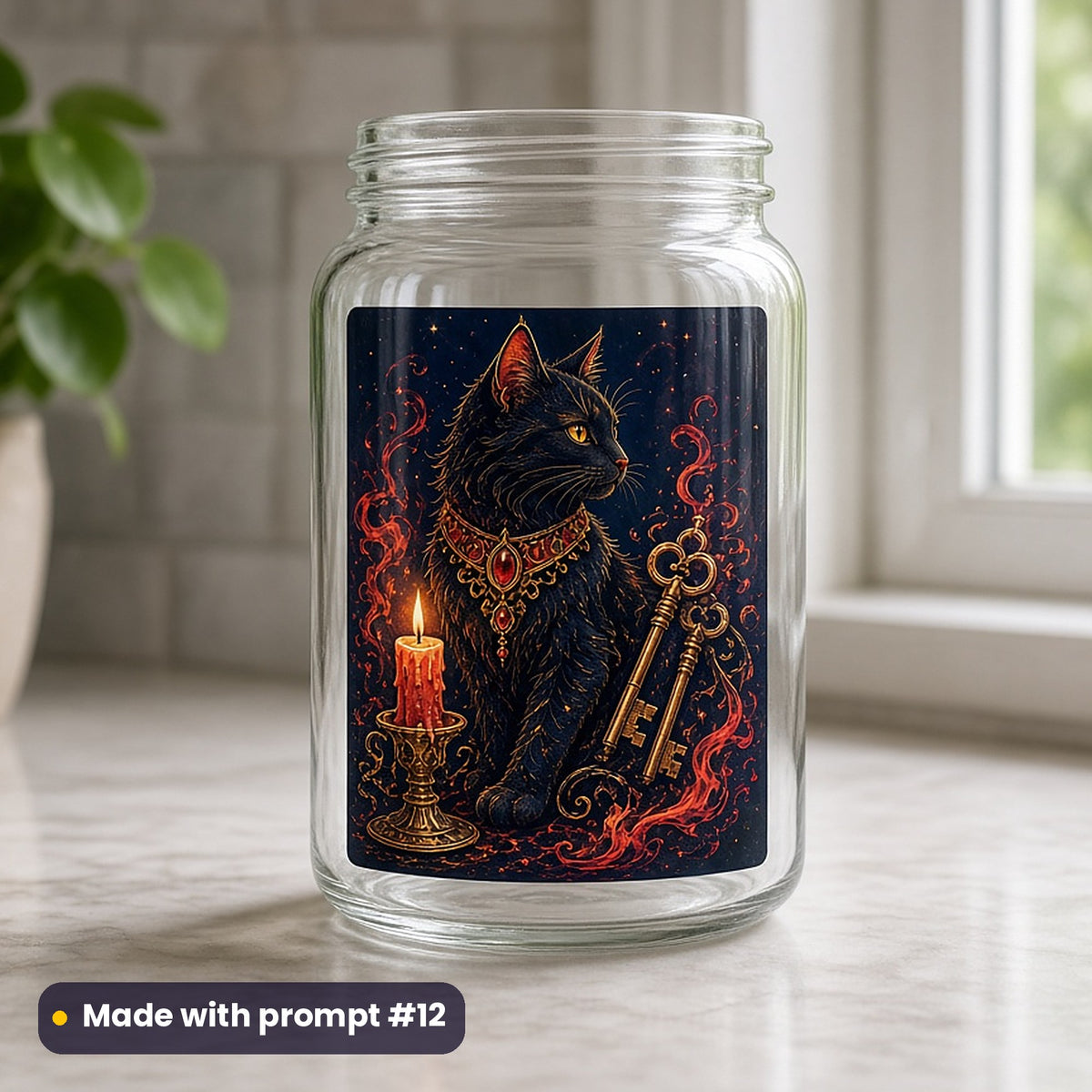 International Cat Day artwork printed on a UV DTF decal on glass: gothic cat with a candle and old keys, luxury enamel & gemstone style, made with prompt #12 from this pack