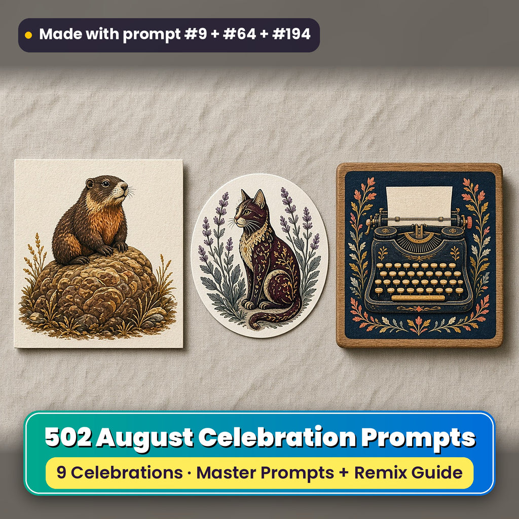 August Celebrations prompt bundle: 502 master prompts + Remix Guide, with a UV-printed greeting card, acrylic ornament and mug set made with prompts #9, #64 and #194