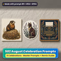 August Celebrations prompt bundle: 502 master prompts + Remix Guide, with a UV-printed greeting card, acrylic ornament and mug set made with prompts #9, #64 and #194