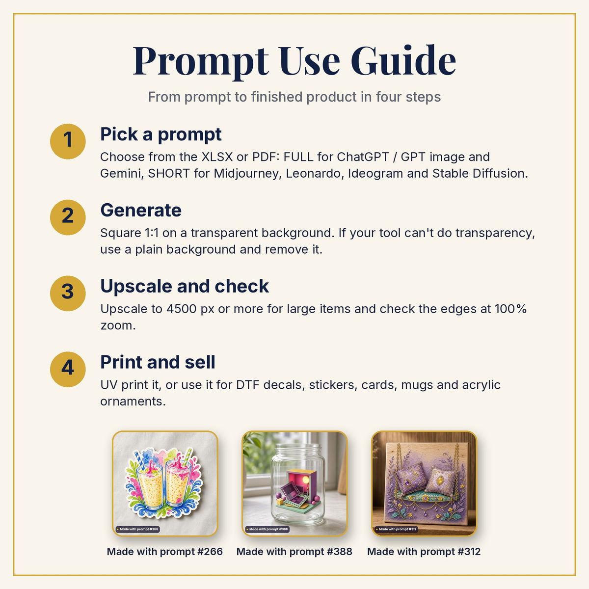 Prompt Use Guide: pick a prompt, generate, upscale and check, then print and sell, with example products made with prompts #266, #388 and #312