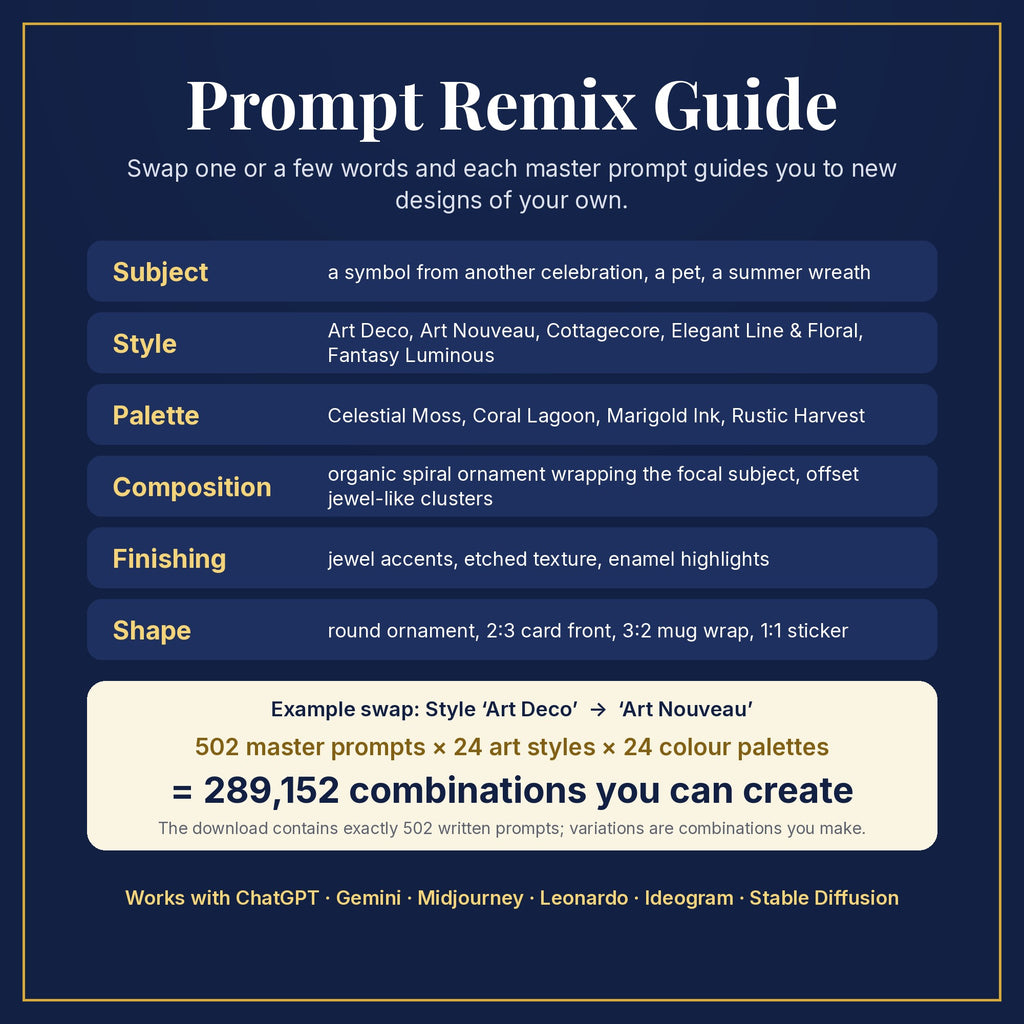 Prompt Remix Guide: swap subject, style, palette, composition, finishing and shape; 502 master prompts × 24 styles × 24 palettes = 289,152 combinations you can create