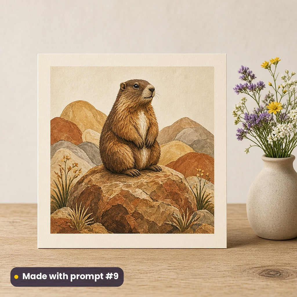 Swiss National Day artwork printed on a flat-printed greeting card: marmot sitting up on a boulder, handcrafted clay illusion style, made with prompt #9 from this pack