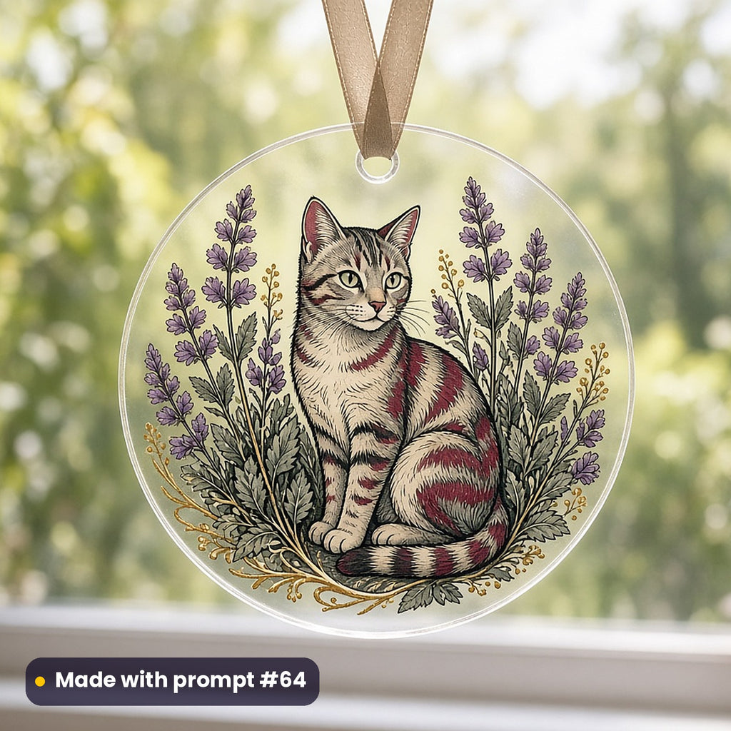 International Cat Day artwork printed on a UV-printed clear acrylic ornament: cat in a field of catmint, contemporary tattoo style, made with prompt #64 from this pack