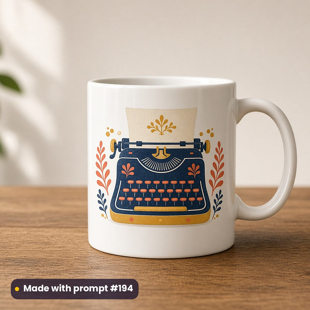 International Youth Day artwork printed on a UV-printed ceramic mug: old typewriter with a fresh sheet, folk art style, made with prompt #194 from this pack