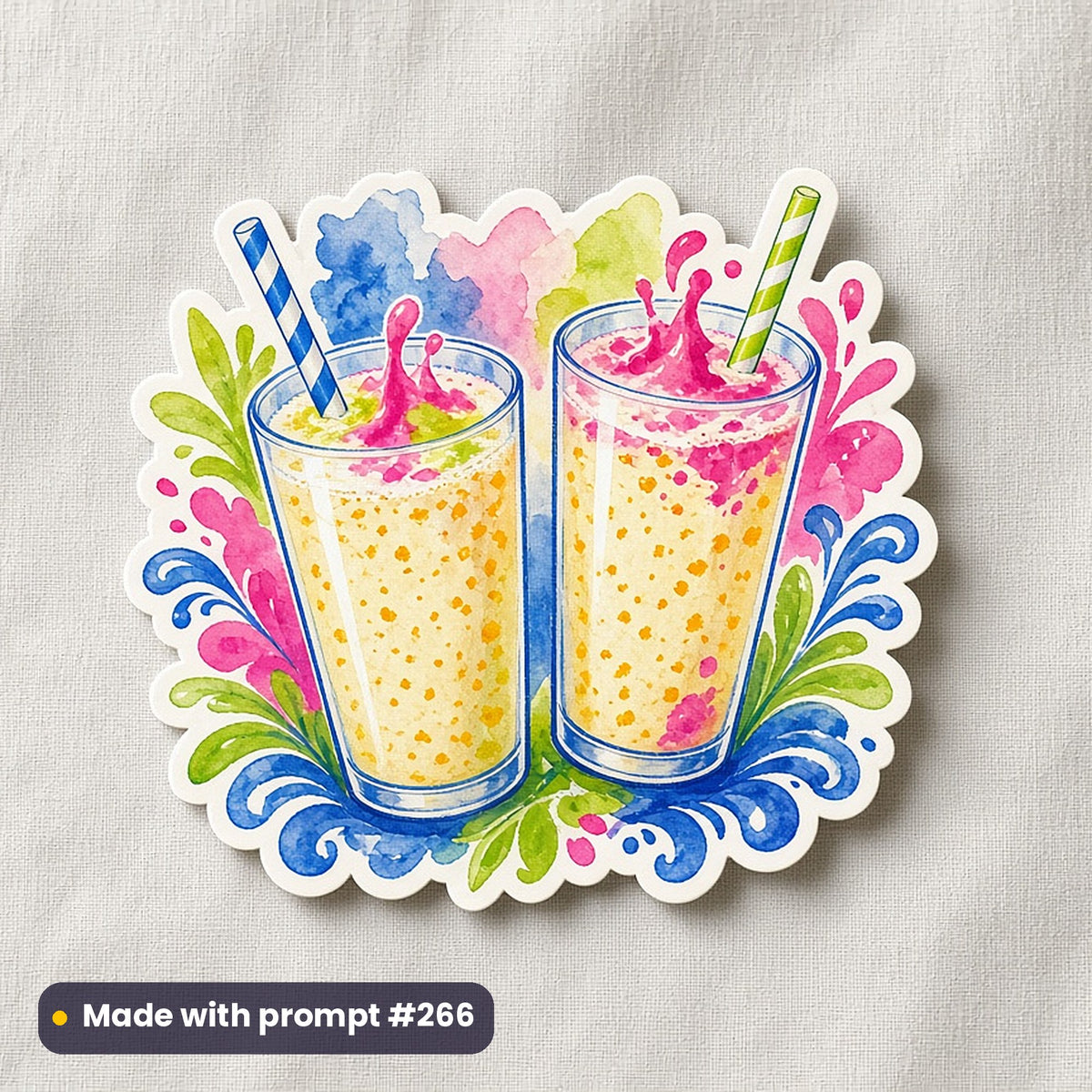 Indian Independence Day artwork printed on a die-cut vinyl sticker: mango lassi in tall glasses, watercolour & ink style, made with prompt #266 from this pack