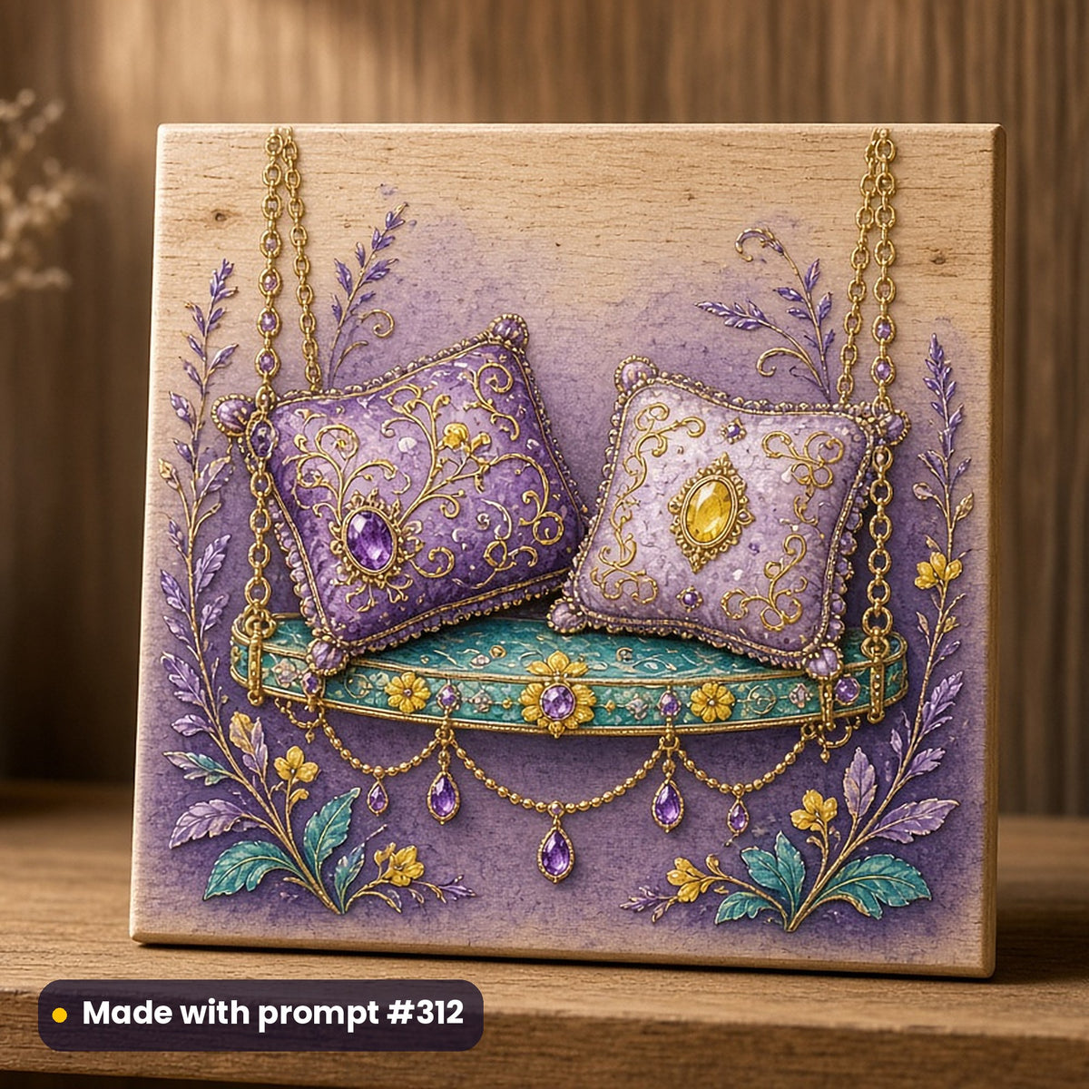Raksha Bandhan artwork printed on a UV-printed wooden plaque: brother and sister cushions on a swing seat, luxury enamel & gemstone style, made with prompt #312 from this pack