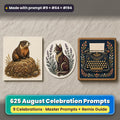 August Celebrations prompt bundle: 625 master prompts + Remix Guide, with a UV-printed greeting card, acrylic ornament and mug set made with prompts #9, #64 and #194