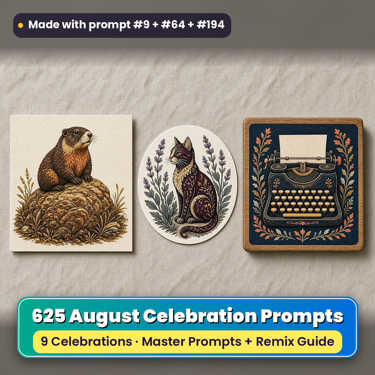 August Celebrations prompt bundle: 625 master prompts + Remix Guide, with a UV-printed greeting card, acrylic ornament and mug set made with prompts #9, #64 and #194