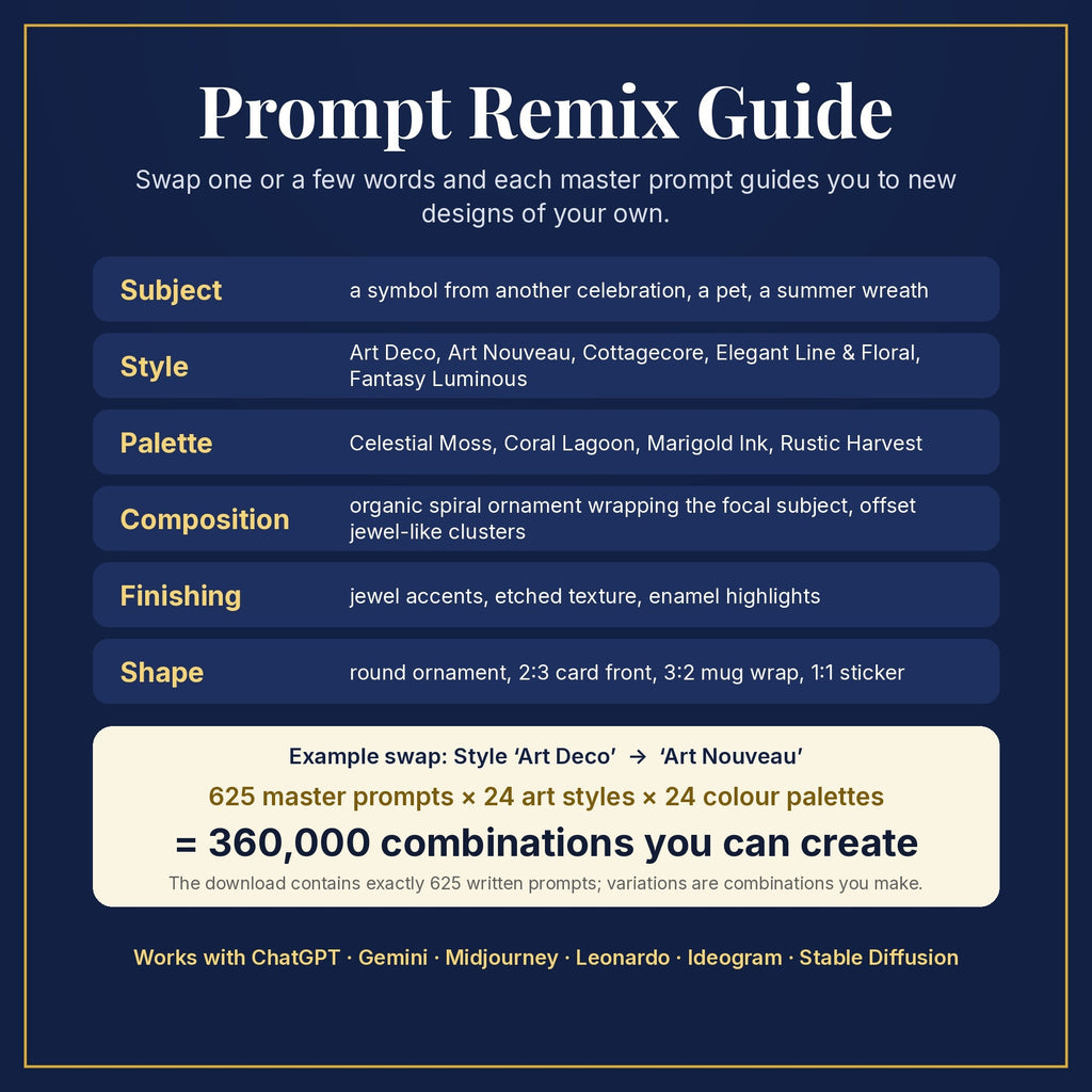 Prompt Remix Guide: swap subject, style, palette, composition, finishing and shape; 625 master prompts × 24 styles × 24 palettes = 360,000 combinations you can create