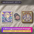 Complete August prompt library: 2,924 master prompts + Remix Guide, with a UV-printed greeting card, acrylic ornament and mug set made with prompts #17, #579 and #74