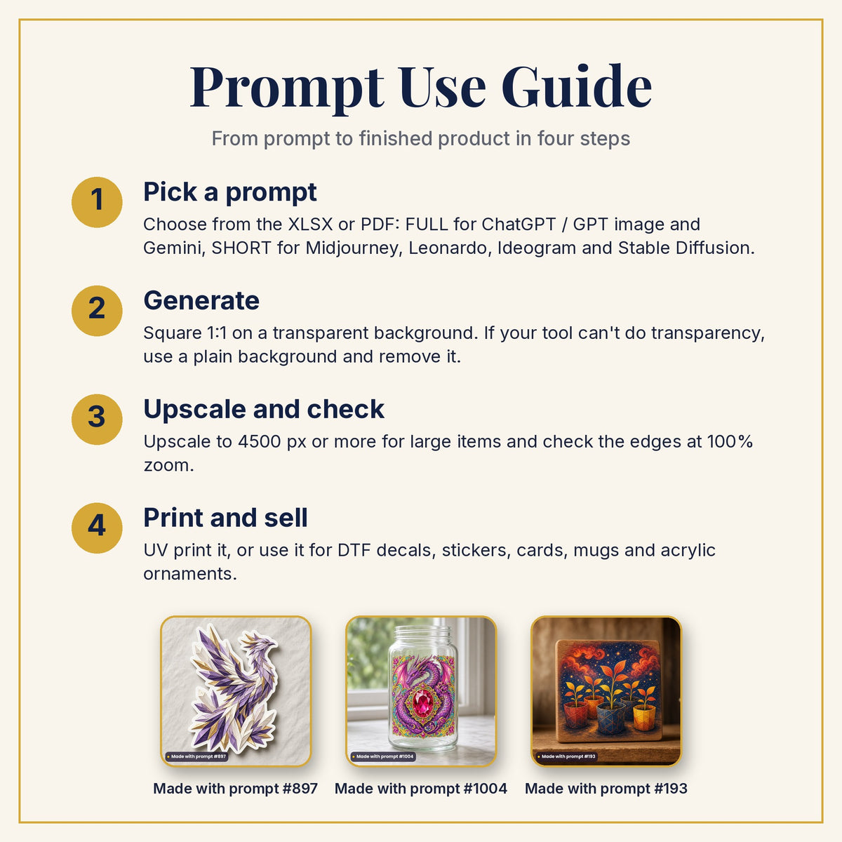 Prompt Use Guide: pick a prompt, generate, upscale and check, then print and sell, with example products made with prompts #897, #1004 and #193