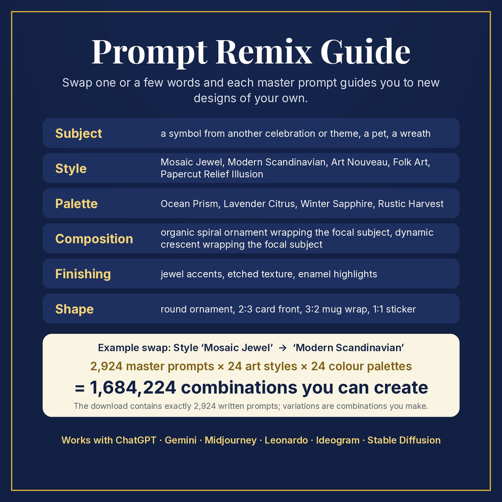Prompt Remix Guide: swap subject, style, palette, composition, finishing and shape; 2,924 master prompts × 24 styles × 24 palettes = 1,684,224 combinations you can create