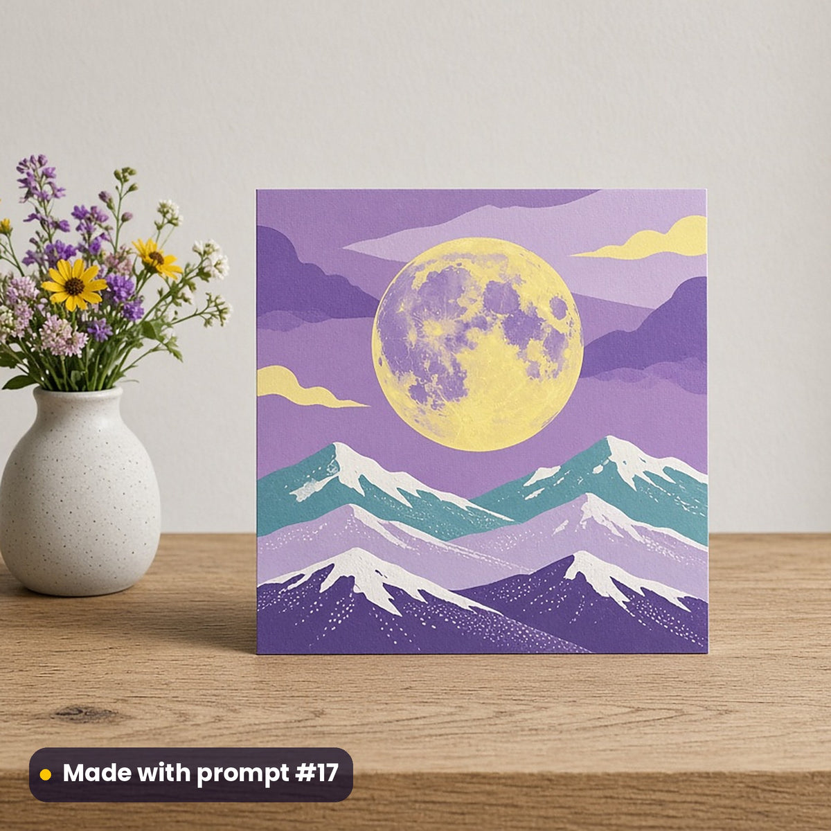 Swiss National Day artwork printed on a flat-printed greeting card: full moon behind a snowy ridge, pop art style, made with prompt #17 from this pack