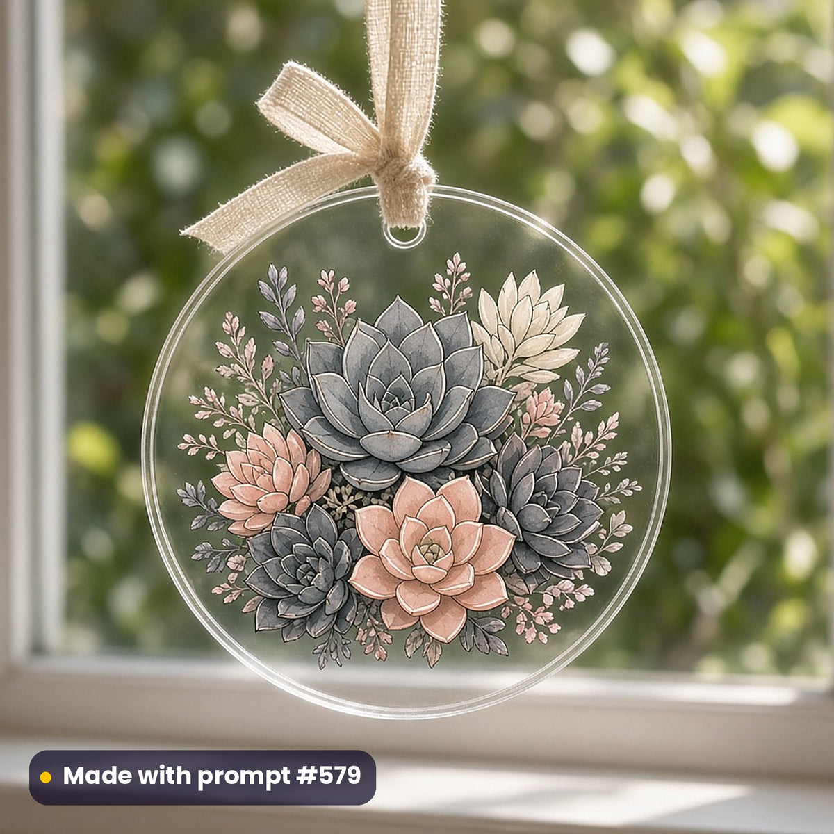 Botanical Illustration artwork printed on a UV-printed clear acrylic ornament: succulent rosette cluster, cottagecore style, made with prompt #579 from this pack
