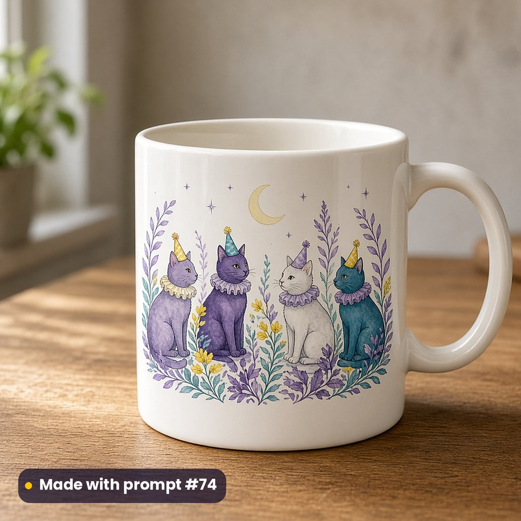International Cat Day artwork printed on a UV-printed ceramic mug: cat party with tiny hats, luxury porcelain style, made with prompt #74 from this pack