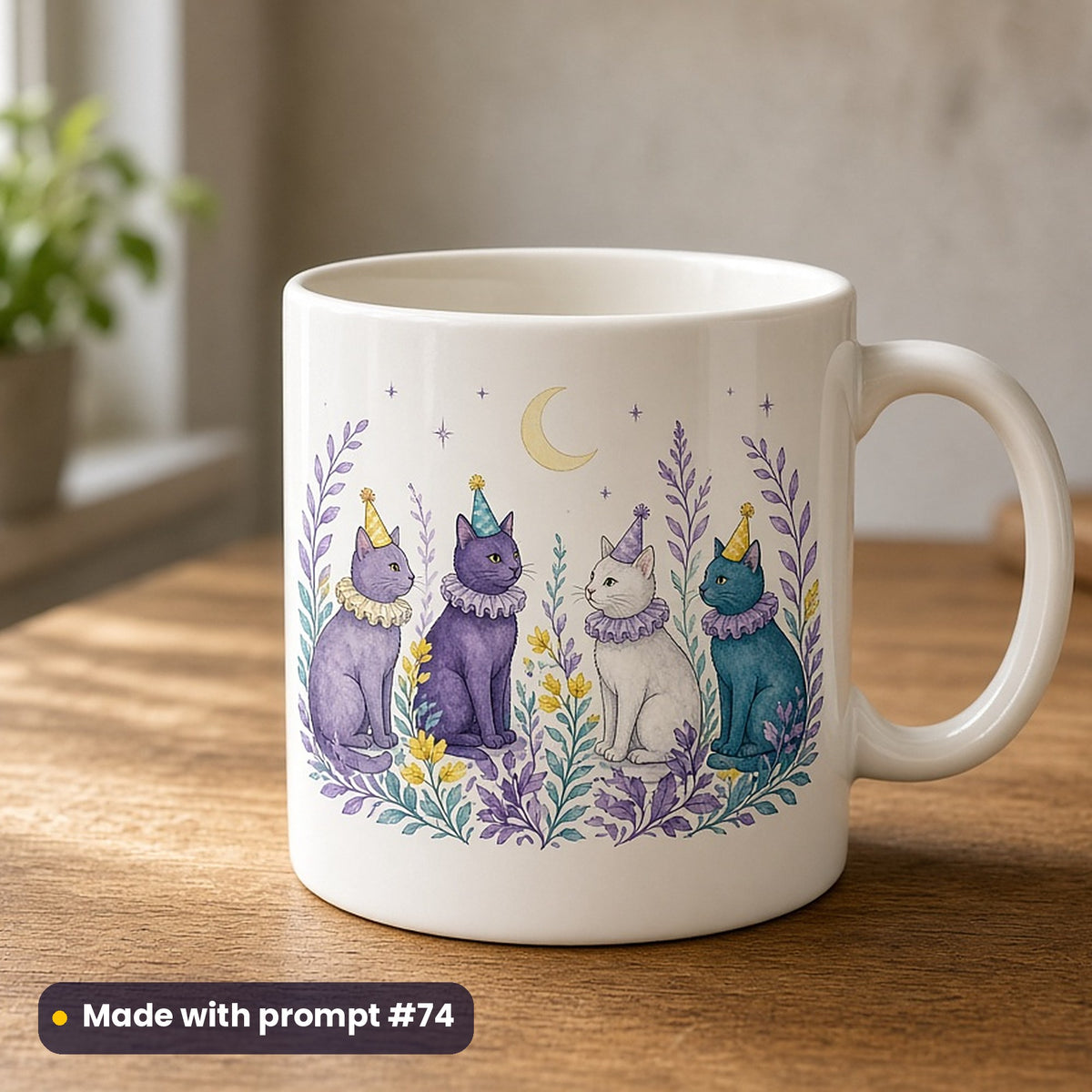 International Cat Day artwork printed on a UV-printed ceramic mug: cat party with tiny hats, luxury porcelain style, made with prompt #74 from this pack