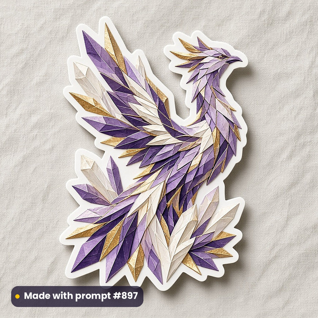 Fantasy Creatures artwork printed on a die-cut vinyl sticker: crystal phoenix, papercut relief illusion style, made with prompt #897 from this pack