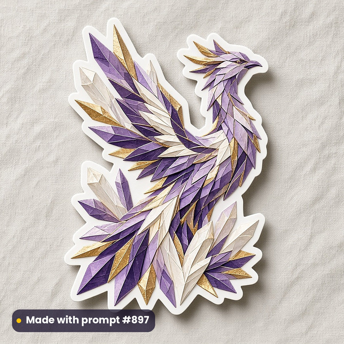 Fantasy Creatures artwork printed on a die-cut vinyl sticker: crystal phoenix, papercut relief illusion style, made with prompt #897 from this pack