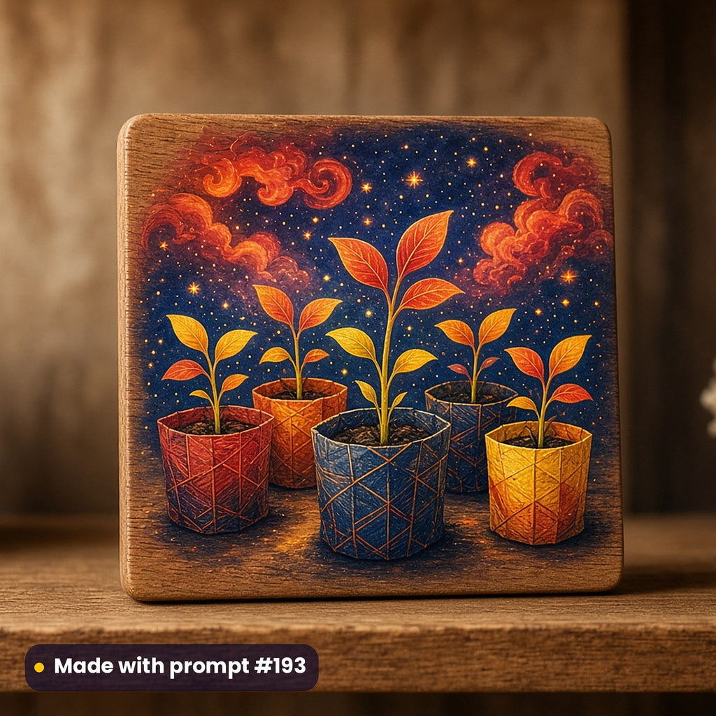 International Youth Day artwork printed on a UV-printed wooden plaque: seedlings growing in recycled pots, fantasy luminous style, made with prompt #193 from this pack