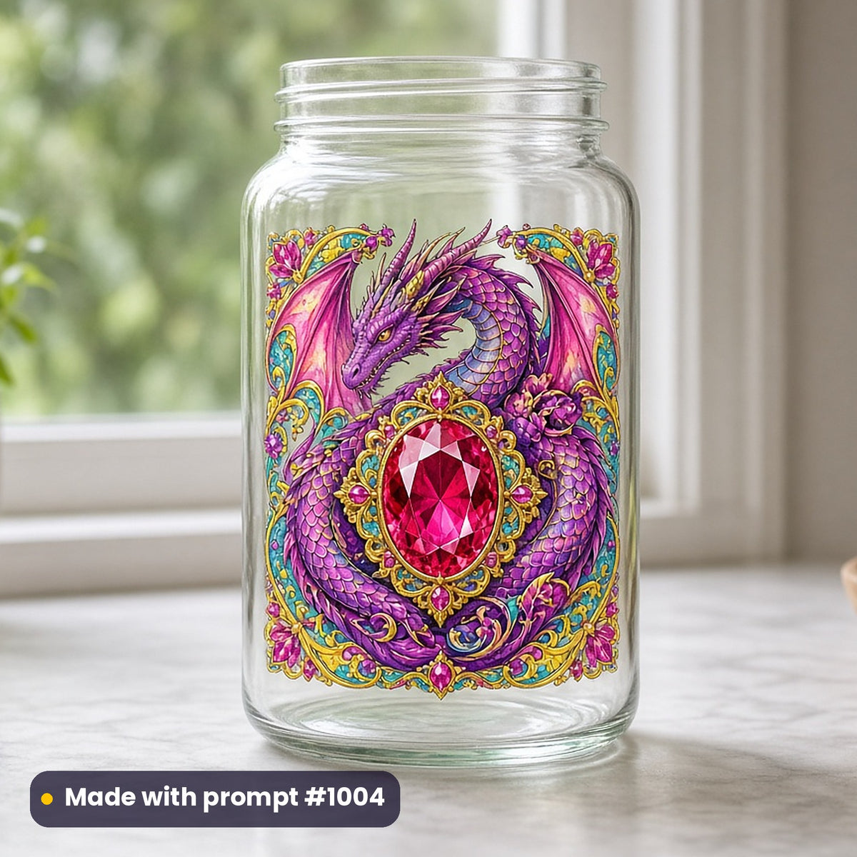 Myth & Fairytale artwork printed on a UV DTF decal on glass: dragon guarding a ruby, luxury enamel & gemstone style, made with prompt #1004 from this pack