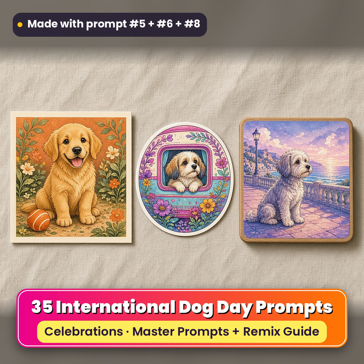 International Dog Day prompt pack: 35 master prompts + Remix Guide, with a UV-printed greeting card, acrylic ornament and mug set made with prompts #5, #6 and #8